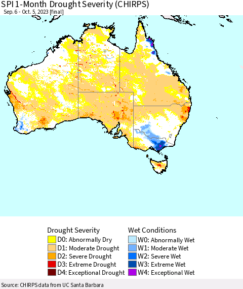 Australia SPI 1-Month Drought Severity (CHIRPS) Thematic Map For 9/6/2023 - 10/5/2023