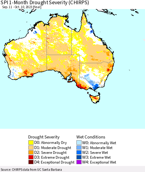 Australia SPI 1-Month Drought Severity (CHIRPS) Thematic Map For 9/11/2023 - 10/10/2023