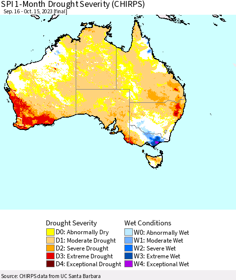 Australia SPI 1-Month Drought Severity (CHIRPS) Thematic Map For 9/16/2023 - 10/15/2023