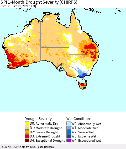 Australia SPI 1-Month Drought Severity (CHIRPS) Thematic Map For 9/21/2023 - 10/20/2023