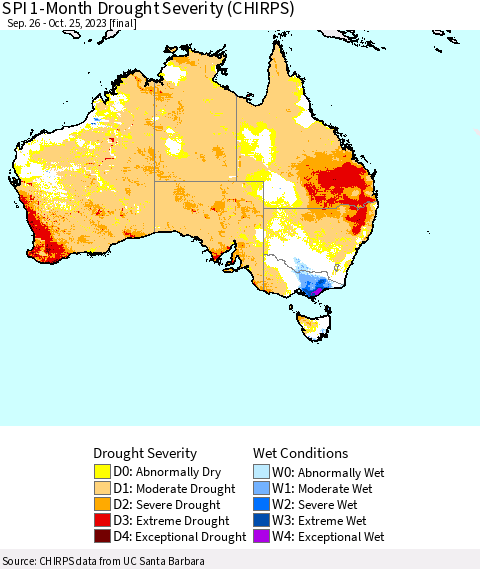 Australia SPI 1-Month Drought Severity (CHIRPS) Thematic Map For 9/26/2023 - 10/25/2023