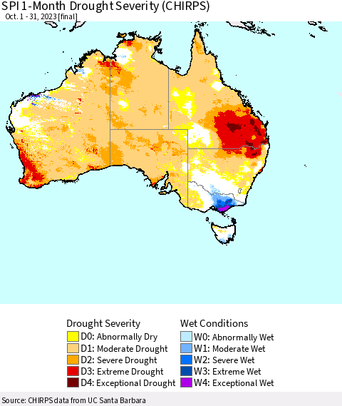 Australia SPI 1-Month Drought Severity (CHIRPS) Thematic Map For 10/1/2023 - 10/31/2023