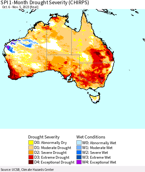 Australia SPI 1-Month Drought Severity (CHIRPS) Thematic Map For 10/6/2023 - 11/5/2023
