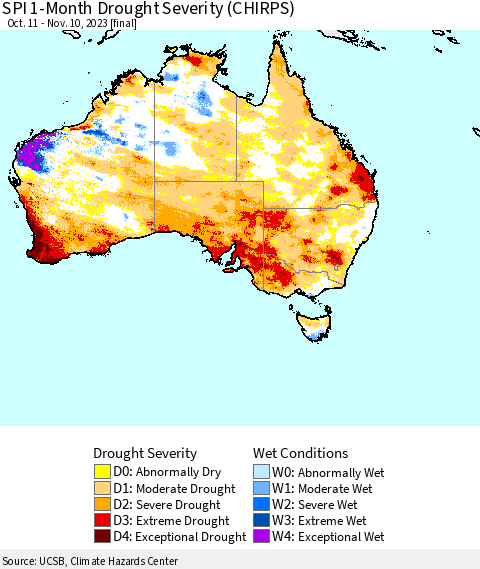 Australia SPI 1-Month Drought Severity (CHIRPS) Thematic Map For 10/11/2023 - 11/10/2023