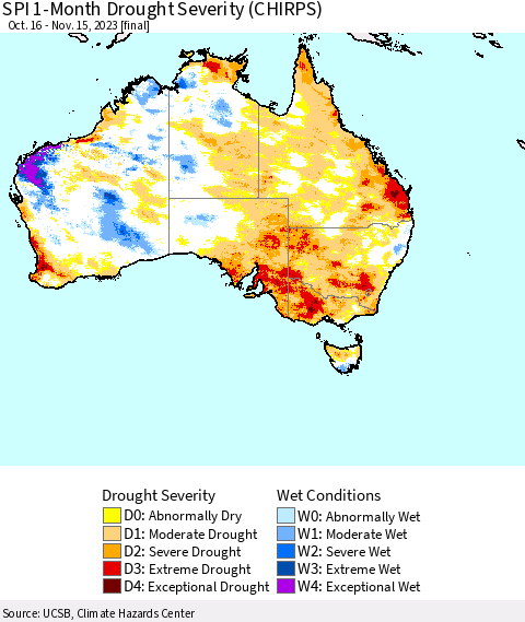 Australia SPI 1-Month Drought Severity (CHIRPS) Thematic Map For 10/16/2023 - 11/15/2023