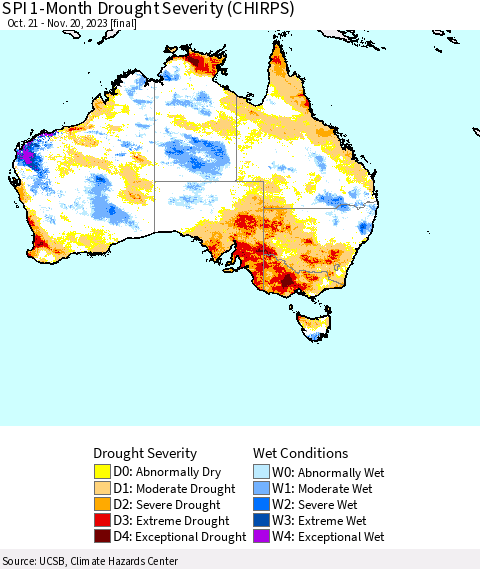 Australia SPI 1-Month Drought Severity (CHIRPS) Thematic Map For 10/21/2023 - 11/20/2023
