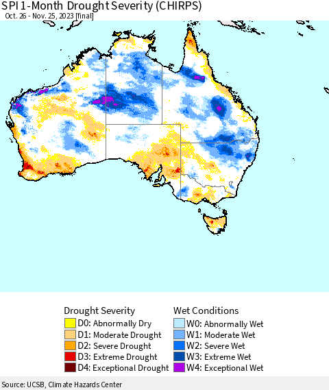 Australia SPI 1-Month Drought Severity (CHIRPS) Thematic Map For 10/26/2023 - 11/25/2023