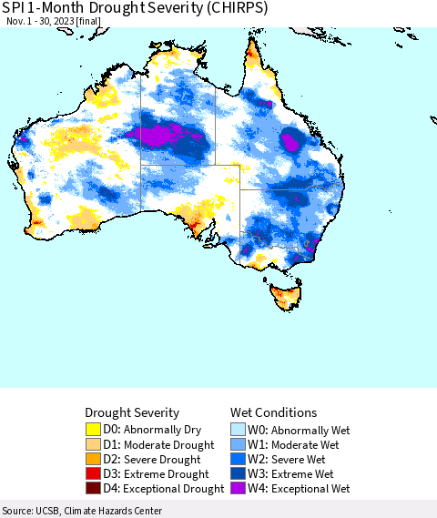 Australia SPI 1-Month Drought Severity (CHIRPS) Thematic Map For 11/1/2023 - 11/30/2023
