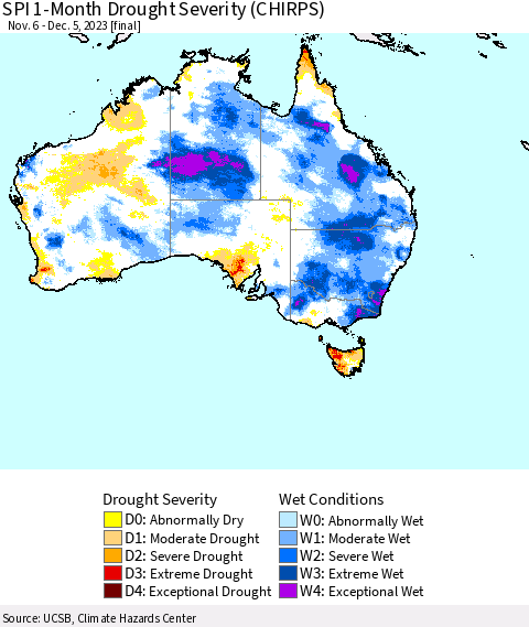 Australia SPI 1-Month Drought Severity (CHIRPS) Thematic Map For 11/6/2023 - 12/5/2023