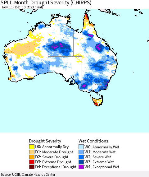 Australia SPI 1-Month Drought Severity (CHIRPS) Thematic Map For 11/11/2023 - 12/10/2023