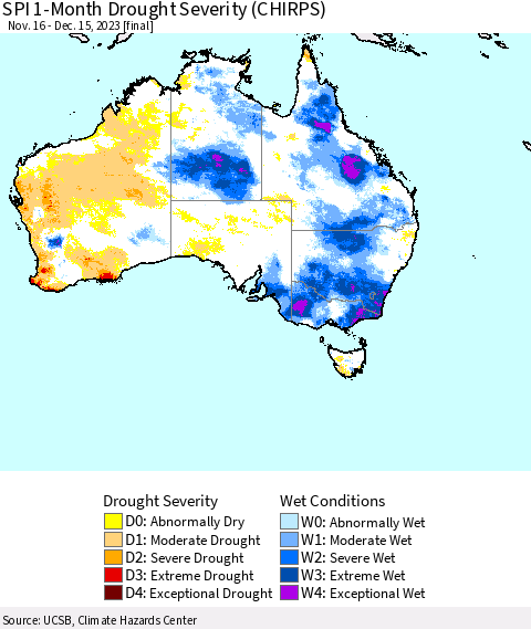 Australia SPI 1-Month Drought Severity (CHIRPS) Thematic Map For 11/16/2023 - 12/15/2023