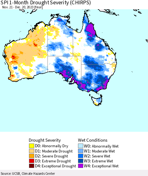Australia SPI 1-Month Drought Severity (CHIRPS) Thematic Map For 11/21/2023 - 12/20/2023