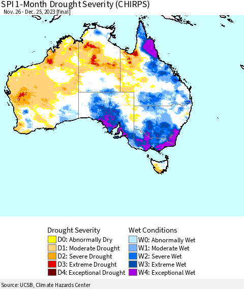 Australia SPI 1-Month Drought Severity (CHIRPS) Thematic Map For 11/26/2023 - 12/25/2023
