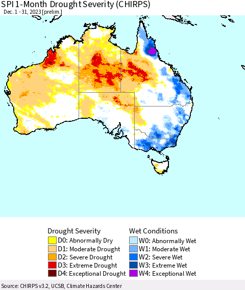Australia SPI 1-Month Drought Severity (CHIRPS) Thematic Map For 12/1/2023 - 12/31/2023