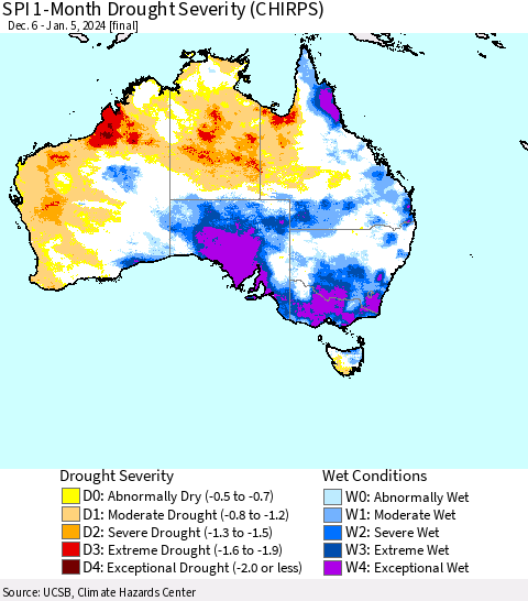 Australia SPI 1-Month Drought Severity (CHIRPS) Thematic Map For 12/6/2023 - 1/5/2024