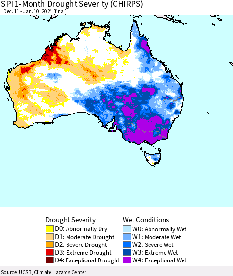 Australia SPI 1-Month Drought Severity (CHIRPS) Thematic Map For 12/11/2023 - 1/10/2024