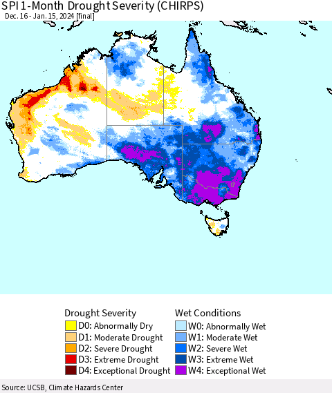 Australia SPI 1-Month Drought Severity (CHIRPS) Thematic Map For 12/16/2023 - 1/15/2024