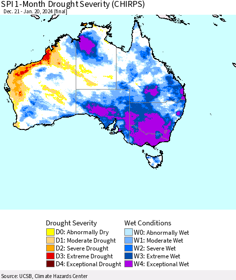 Australia SPI 1-Month Drought Severity (CHIRPS) Thematic Map For 12/21/2023 - 1/20/2024