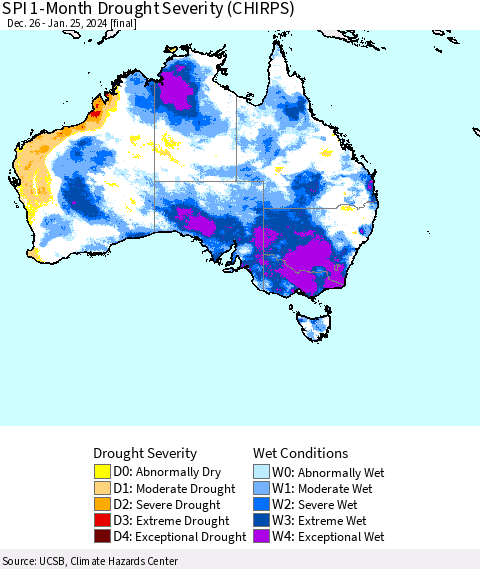 Australia SPI 1-Month Drought Severity (CHIRPS) Thematic Map For 12/26/2023 - 1/25/2024