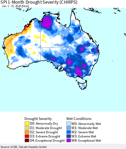 Australia SPI 1-Month Drought Severity (CHIRPS) Thematic Map For 1/1/2024 - 1/31/2024