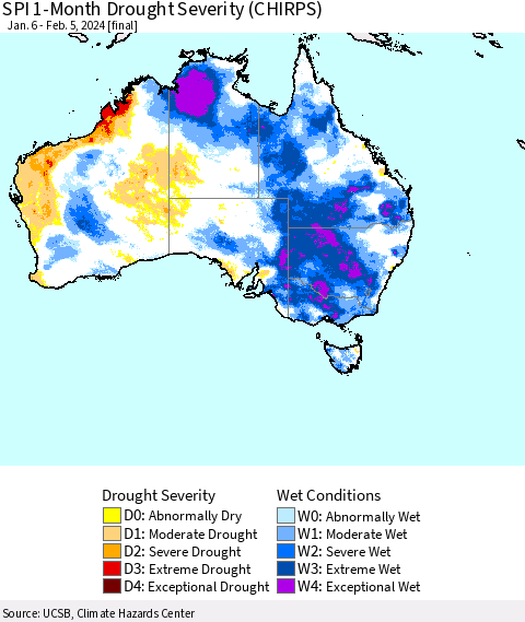 Australia SPI 1-Month Drought Severity (CHIRPS) Thematic Map For 1/6/2024 - 2/5/2024