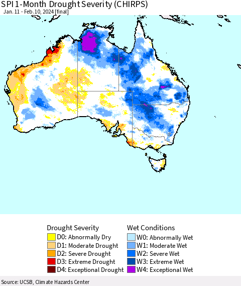Australia SPI 1-Month Drought Severity (CHIRPS) Thematic Map For 1/11/2024 - 2/10/2024
