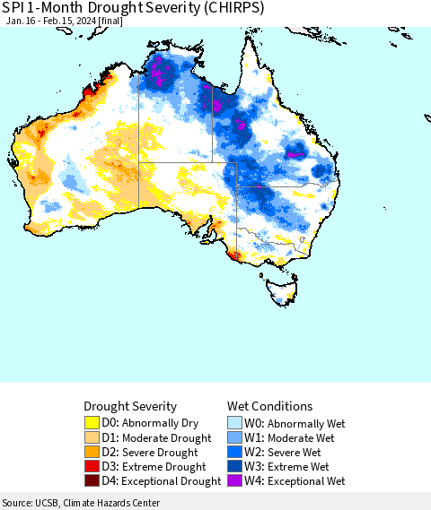 Australia SPI 1-Month Drought Severity (CHIRPS) Thematic Map For 1/16/2024 - 2/15/2024