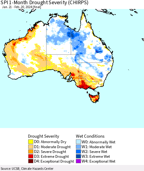Australia SPI 1-Month Drought Severity (CHIRPS) Thematic Map For 1/21/2024 - 2/20/2024