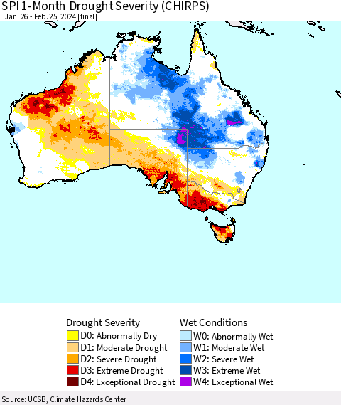 Australia SPI 1-Month Drought Severity (CHIRPS) Thematic Map For 1/26/2024 - 2/25/2024