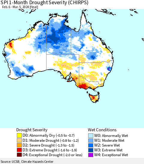 Australia SPI 1-Month Drought Severity (CHIRPS) Thematic Map For 2/6/2024 - 3/5/2024