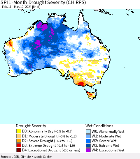 Australia SPI 1-Month Drought Severity (CHIRPS) Thematic Map For 2/11/2024 - 3/10/2024