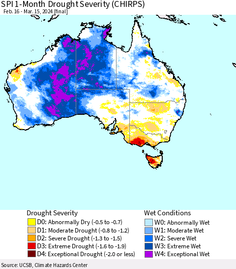 Australia SPI 1-Month Drought Severity (CHIRPS) Thematic Map For 2/16/2024 - 3/15/2024