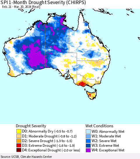 Australia SPI 1-Month Drought Severity (CHIRPS) Thematic Map For 2/21/2024 - 3/20/2024