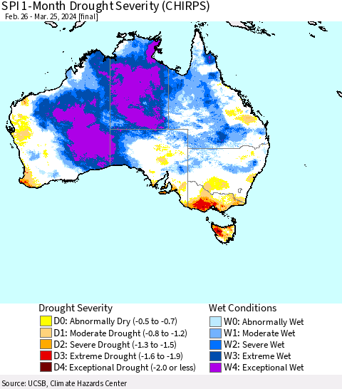 Australia SPI 1-Month Drought Severity (CHIRPS) Thematic Map For 2/26/2024 - 3/25/2024