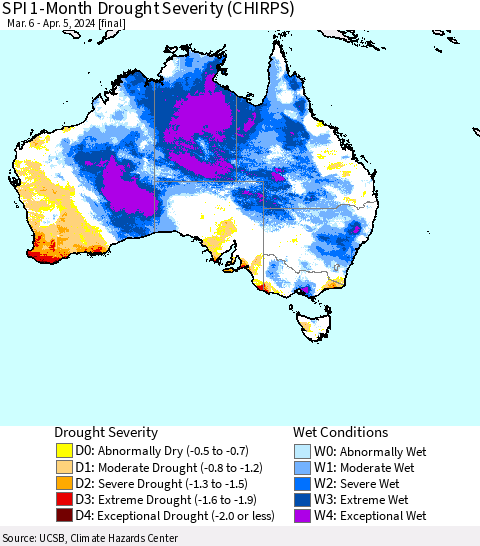 Australia SPI 1-Month Drought Severity (CHIRPS) Thematic Map For 3/6/2024 - 4/5/2024