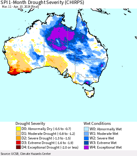 Australia SPI 1-Month Drought Severity (CHIRPS) Thematic Map For 3/11/2024 - 4/10/2024