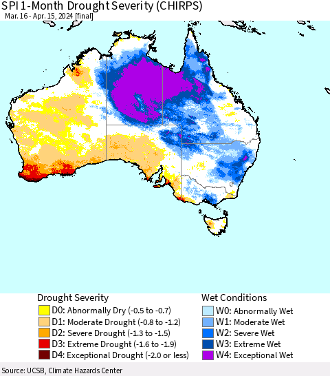 Australia SPI 1-Month Drought Severity (CHIRPS) Thematic Map For 3/16/2024 - 4/15/2024