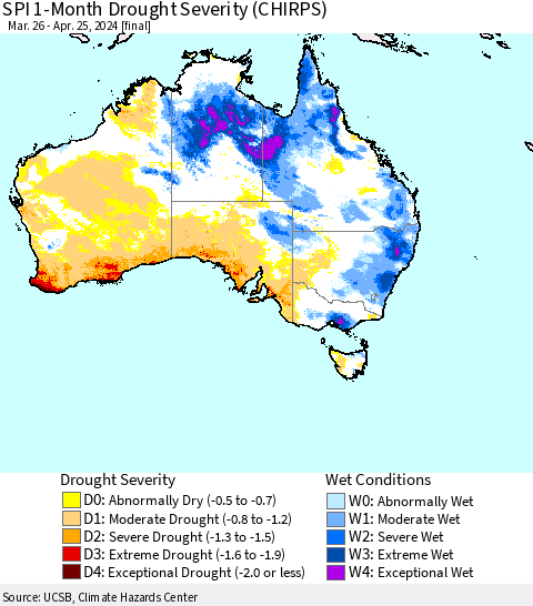 Australia SPI 1-Month Drought Severity (CHIRPS) Thematic Map For 3/26/2024 - 4/25/2024