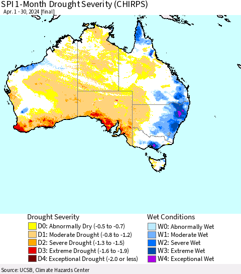 Australia SPI 1-Month Drought Severity (CHIRPS) Thematic Map For 4/1/2024 - 4/30/2024