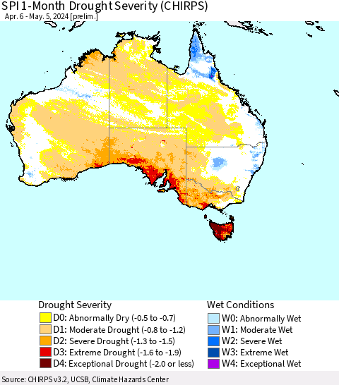 Australia SPI 1-Month Drought Severity (CHIRPS) Thematic Map For 4/6/2024 - 5/5/2024