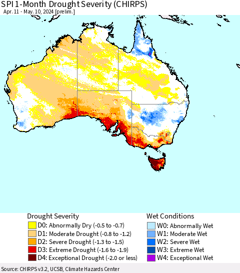 Australia SPI 1-Month Drought Severity (CHIRPS) Thematic Map For 4/11/2024 - 5/10/2024