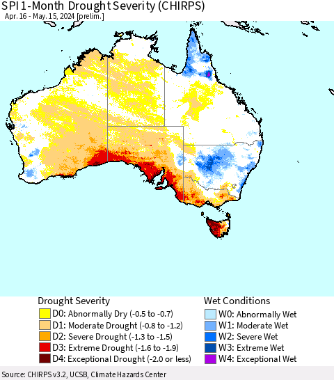 Australia SPI 1-Month Drought Severity (CHIRPS) Thematic Map For 4/16/2024 - 5/15/2024