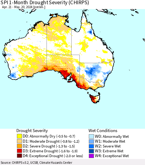 Australia SPI 1-Month Drought Severity (CHIRPS) Thematic Map For 4/21/2024 - 5/20/2024