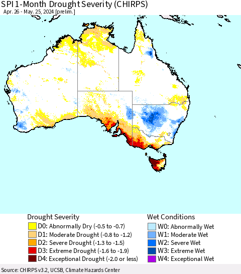 Australia SPI 1-Month Drought Severity (CHIRPS) Thematic Map For 4/26/2024 - 5/25/2024