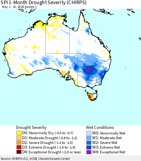 Australia SPI 1-Month Drought Severity (CHIRPS) Thematic Map For 5/1/2024 - 5/31/2024