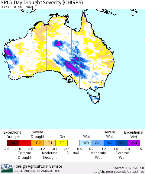 Australia SPI 5-Day Drought Severity (CHIRPS) Thematic Map For 10/6/2021 - 10/10/2021