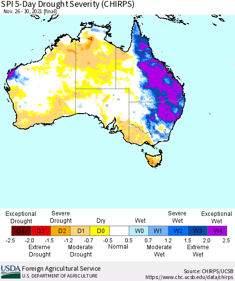 Australia SPI 5-Day Drought Severity (CHIRPS) Thematic Map For 11/26/2021 - 11/30/2021