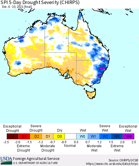 Australia SPI 5-Day Drought Severity (CHIRPS) Thematic Map For 12/6/2021 - 12/10/2021