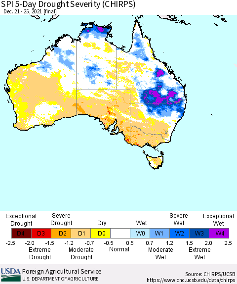 Australia SPI 5-Day Drought Severity (CHIRPS) Thematic Map For 12/21/2021 - 12/25/2021