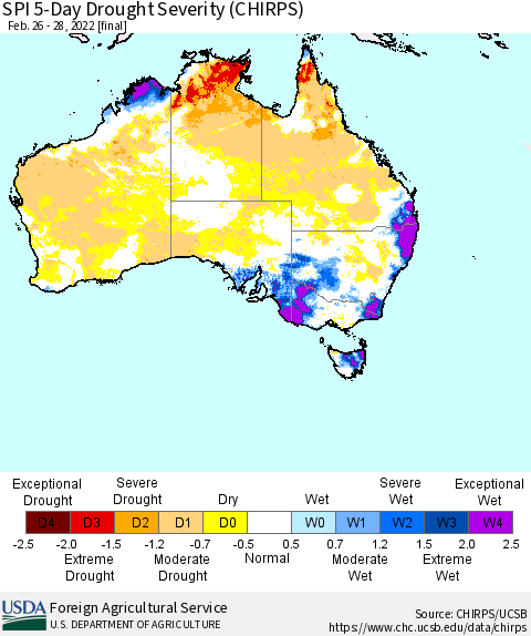 Australia SPI 5-Day Drought Severity (CHIRPS) Thematic Map For 2/26/2022 - 2/28/2022